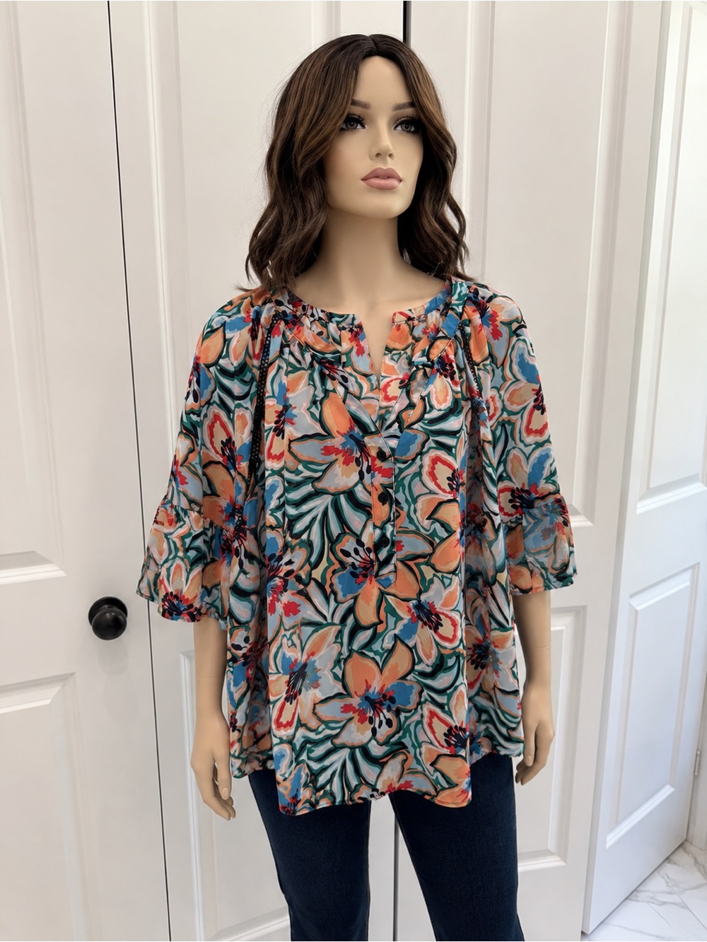 Zac & Rachel Floral Peasant Blouse in Teal, Orange and Cream